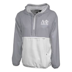 Alpha Phi gray and white rain anorak